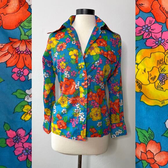 VTG 60s Skyr Flower Power Psychedelic Collared Button Down Shirt - Picture 1 of 7